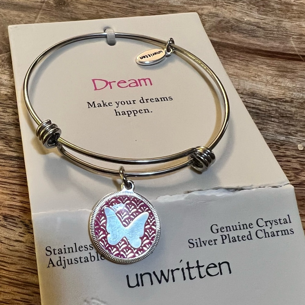 🆕 Unwritten Adjustable Stainless Steel Pink 💕DREAM💕 Butterfly Charm Bracelet
